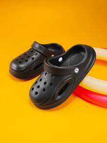 1 par de zapatos casuales con suela gruesa, transpirables y perforados para niños, de malla de unicolor ligera, con suela exterior de EVA antideslizante y duradera, adecuados para uso diario - Negro - Ver 1