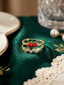 1 pieza Anillo abierto con forma de cereza chapado en oro de 18K, incrustado con circonita, adecuado para niñas jóvenes, madres, maestras, estilo bohemio, esencial para playa de verano, viajes, fiestas, carnaval/graduación, baile/fiesta/accesorio diario, joyería dorada, regalo de vuelta al colegio/cumpleaños - Dorado - Ver 4