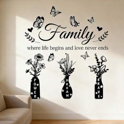ملصق جداري لغرفة الغسيل، عائلة حيث تبدأ الحياة والحب لا ينتهي أبدًا - اقتباس ملهم مع مزهرية وملصقات فراشة، قوة الحلم الشجاع، فن الجدران الفينيلي للغرفة المعيشية والمدخل وديكور المزرعة المنزلي
