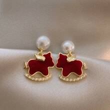 1 Pair Cute Pony Stud Earrings, Featuring An Adorable Pony Design In Soft , Creating A Sweet And Playful Look Perfect For Adding A Fun Touch To Everyday Outfits - Red - View 6