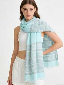 1pc Women's Spring/Summer Jacquard Gold Stripe Lightweight Scarf, Versatile Headscarf/Shawl, Suitable For Daily Wear - Mint Green - View 5