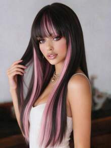 24 Inch Pink Ombre With Bangs Long Straight Synthetic Hair Wig, Natural Smooth Texture, Popular For Daily Wear And Music Festivals - Black - View 3