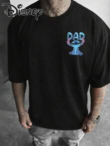 Disney Gift Selection Officially Licensed Cotton Lilo & Stitch DAD Letter Print Short Sleeve T-Shirt, Men's Y2K Street Style Loose Top, American Retro Cartoon Graphic Tees - 黑色 - 查看 3