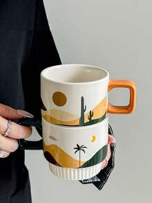 1 cană ceramică cu model geometric minimalist, cană de apă creativă pentru micul dejun la birou, potrivită pentru cafenea, magazin de deserturi, birou, cadou - Multicolor - Vizualizare 6