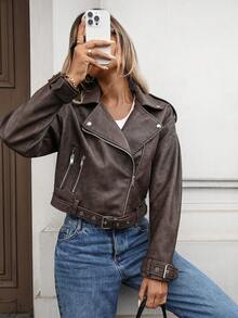 Women's Faux Leather Jacket Crop Biker Long Sleeve Zipper Belt Coat Outwear - Light Brown - View 3