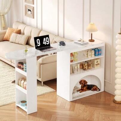 Moderner Ausziehbarer Thekentisch & Esstisch, Drehbarer Hoher Klein-Thekentisch – Mit Haustierbereich, Ohne Haustierfutterteller & Haustierkissen, White, Marmoroptik-Tischplatte, 120(+80)*40*100 Cm