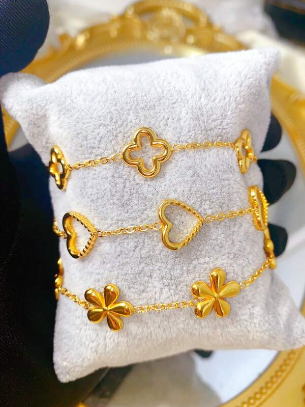 3pcs/1pc Fashion Gold Tone Heart & Clover & Five-Petal Flower Chain Bracelet For Women, Minimalist Stackable Jewelry, Perfect For Daily Wear & Dating