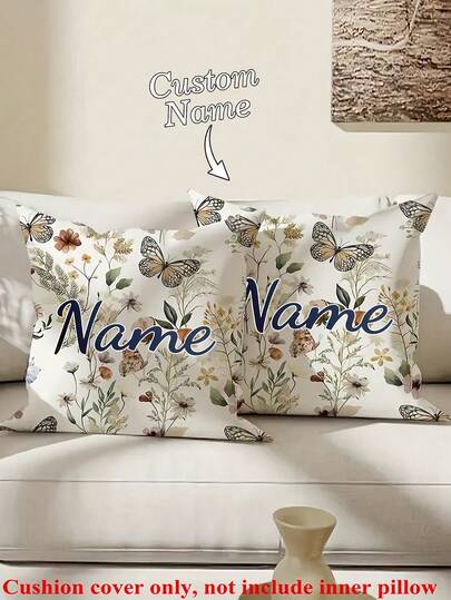 1pc Customizable Photo/Text/Name Floral & Butterfly Decorative Throw Pillow Cover, Family/Lover/Pet Gift Cushion Cover, Living Room/Bedroom Decor, Party Favor, All Season Lumbar Pillow, Single-Sided Print Without Insert