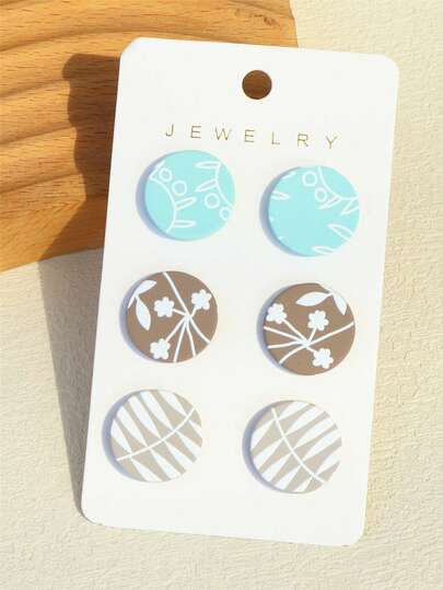 3对叶子印花浅蓝色陶瓷质感个性化圆形亚克力耳环，适合女孩佩戴