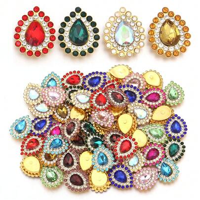 10pcs/Pack Iron-Based Acrylic Hand-Sewn Rhinestones, Shiny Water Drop Shaped Rhinestones 7X10mm For Crown Jewelry DIY, Flat Bottom