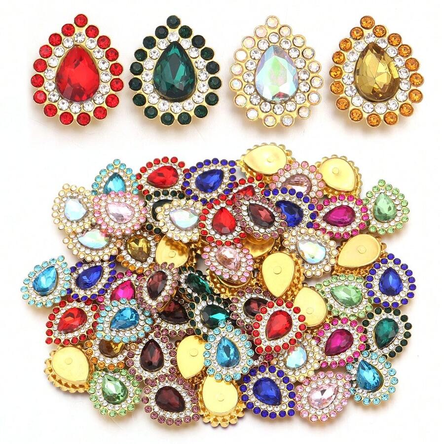 10pcs/Pack Iron-Based Acrylic Hand-Sewn Rhinestones, Shiny Water Drop Shaped Rhinestones 7X10mm For Crown Jewelry DIY, Flat Bottom