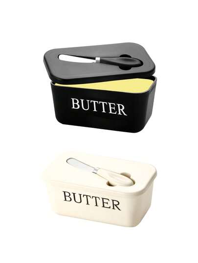 1 Set Butterdose aus Kunststoff mit Buttermesser und Deckel, Butterbehälter für Küche, Backen und Geschenke, versiegelt für Theke oder Kühlschrank