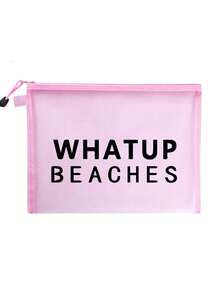 彩色防水网眼沙滩包，印有“WHATUP BEACHES”字样，沙滩主题，大容量透明化妆包，尼龙拉链洗漱包，轻便易携，可装防晒霜、零食、比基尼和沙滩必备用品。 - 彩色 - 查看 12