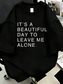 「It's A Beautiful Day To Leave Me Alone」標語印花大尺碼女款短袖T恤 休閒黑色夏季款 - 黑色 - 查看 1
