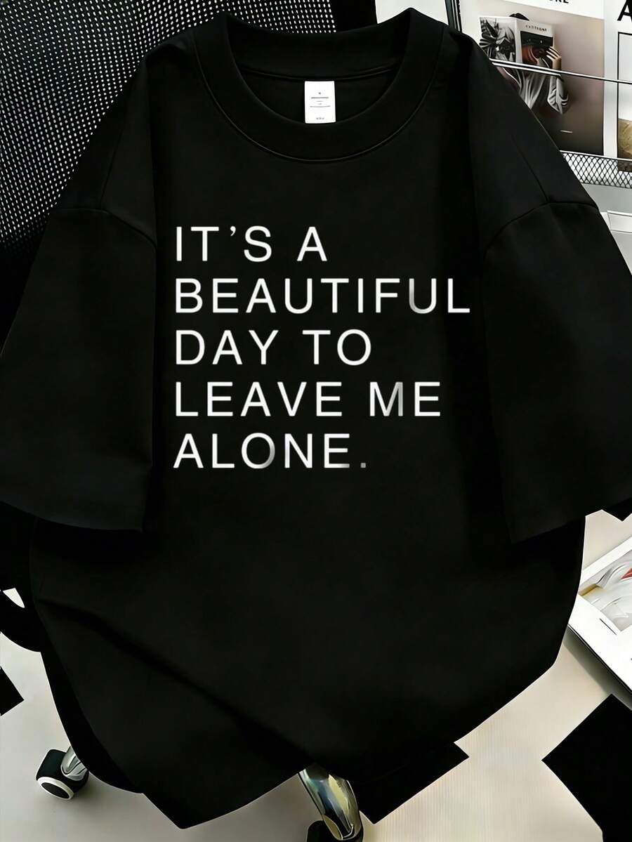 「It's A Beautiful Day To Leave Me Alone」標語印花大尺碼女款短袖T恤 休閒黑色夏季款 - 黑色 - 查看 1
