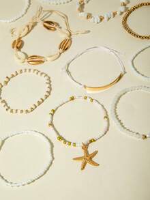 Set de 7 piezas/14 piezas de pulseras trenzadas con estrellas de mar de vidrio estilo bohemio, un regalo precioso para mujeres en vacaciones de playa - Multicolor - Ver 7