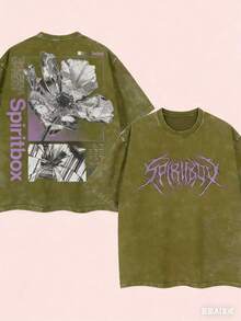 Men's Heavy Retro Street Style T-Shirt With Spiritbox Band Logo Print - Y2K Style Drip Ink Design Music Festival Outfit Loose Breathable Cotton Top - 綠色 - 查看 3