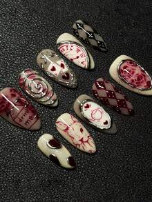 一套杏仁形3D梦幻玫瑰爱心动物波纹INS风可拆卸美甲贴纸，适合女性日常、工作和约会，附赠1个指甲锉和1瓶凝胶指甲油。 - 彩色 - 查看 1
