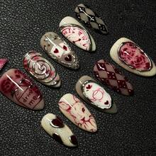 一套杏仁形3D梦幻玫瑰爱心动物波纹INS风可拆卸美甲贴纸，适合女性日常、工作和约会，附赠1个指甲锉和1瓶凝胶指甲油。 - 彩色 - 查看 7
