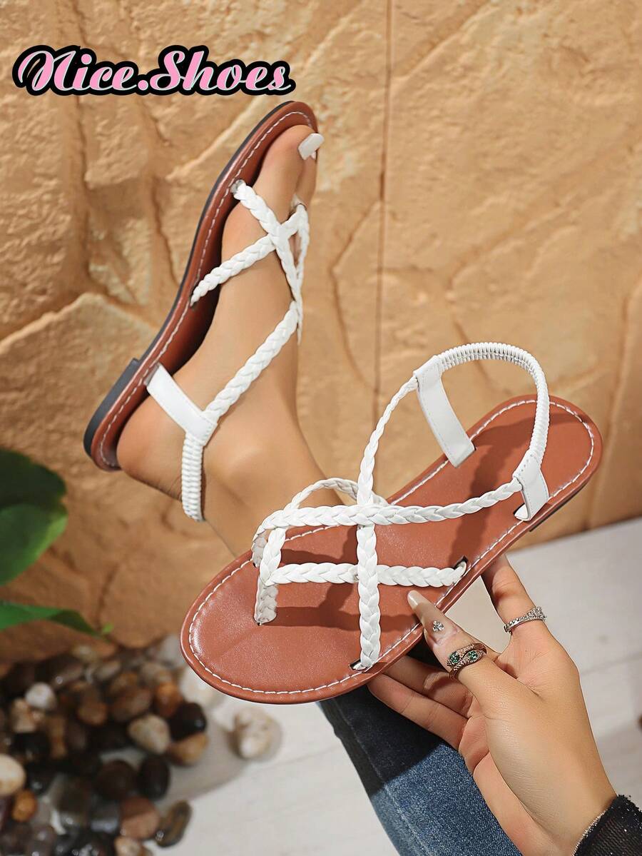 Dép xỏ ngón đế bằng dệt màu đen/nâu/trắng mới cho nữ, Dép xỏ ngón hở mũi màu trơn chống trượt đi ngoài trời/trong nhà, Giày đi biển thường ngày, Dép xỏ ngón đế bằng quai chéo phong cách Bohemian, Dép xỏ ngón mũi rỗng kiểu chiến binh, Dép xỏ ngón đế bằng màu vàng/đen, Giày đi biển