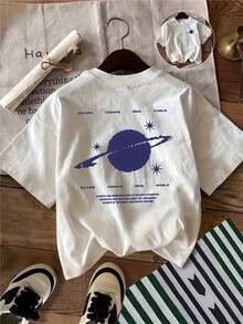 Short-Sleeved T-Shirt With Science Fiction And Fantasy Planet Print, Modern Space-Themed Design, Casual Printed Top. - White - View 6