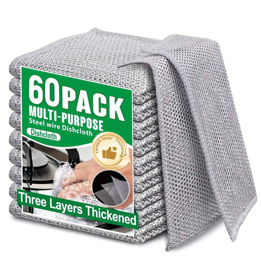 FANG 60pcs Dishcloths, Multipurpose Wire Miracle Cleaning Cloths, Wire Washing Cloth, Non Scratch Wire Dishcloth, Wire Miracle Cleaning Pads, Reusable Wire Dishwashing Rags For Wet And Dry Dish, For Kitchen, Sinks, Pots, Pans, Metal, Dishes - Khăn lau chén bằng dây bạc - Xem 1