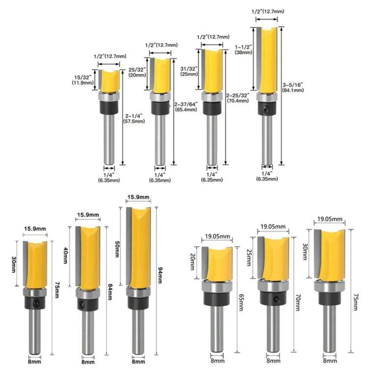 1/4" Shank 8mm Long Blade Flush Fit Router Bit With Bearing For Wood Template Pattern Bit T6TT Tungsten Carbide Router Bit - 8x16x40 - Xem 6