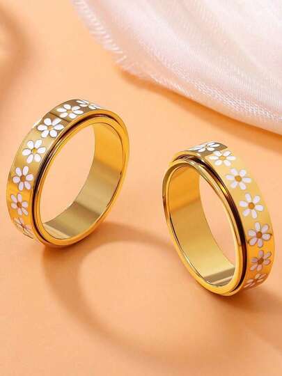 18K แหวนเดซี่ชุบทอง, แหวนดีไซน์ดอกไม้สแตนเลส, ช่วยคลายความกังวล, เหมาะสำหรับเป็นของขวัญวันเกิด/วันวาเลนไทน์สำหรับเธอ