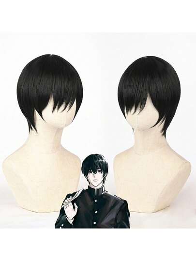Peluca negra de 8 pulgadas, peluca de cosplay para el personaje de anime Yoshida Hiromi, fibra sintética versátil con gorra de malla, adecuada para actuaciones en el escenario y uso diario