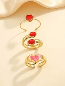 Set de 3 anillos abiertos de acero inoxidable de color dorado vintage, con gota de aceite rojo, adecuado para uso diario de mujeres o como regalo - Amarillo Oro - Ver 2