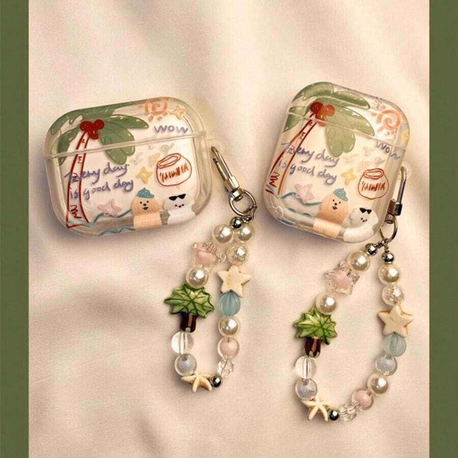 Ins Style Coconut Tree & Puppy Graffiti Protective Case Compatible With Apple Pro 3rd Gen, Silicone Wireless Earphone Storage Case Compatible With AirPods 4th Gen - Coconut Tree Dog - View 1