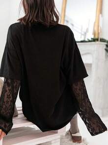 女士休闲蕾丝拼接长袖常规T恤，舒适时尚，适合日常穿着、外出、办公、返校、音乐节、春夏秋季穿着，黑色。 - 黑色 - 查看 3