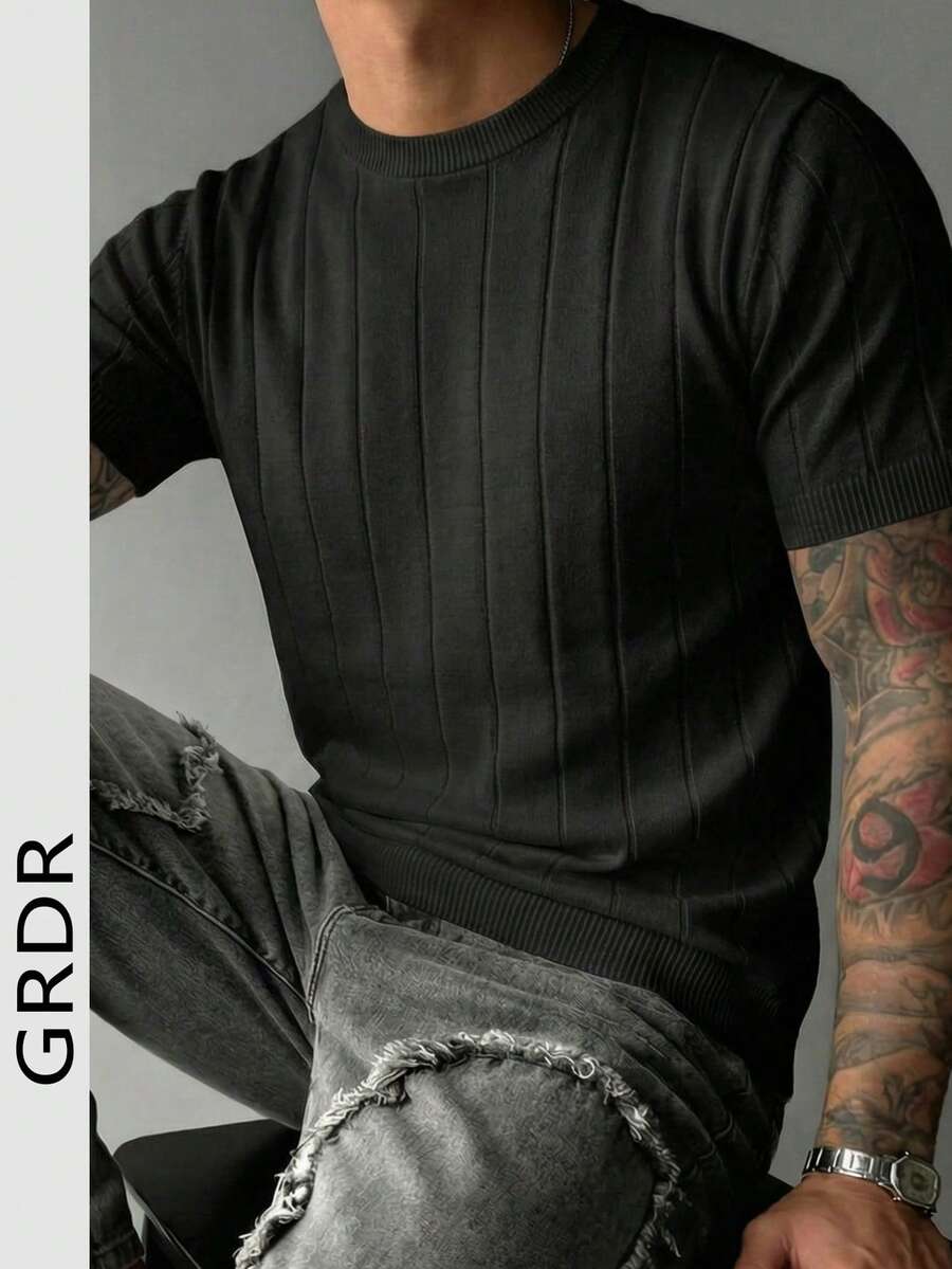 GRDR 男士夏季针织纯色罗纹短袖毛衣，运动休闲款，适合户外活动 - 黑色 - 查看 1