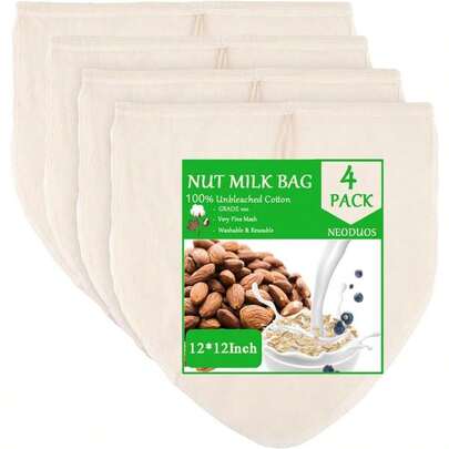 Nut Milk Bag, 4 Pcs 12x12 Cheese Cloths Bag Straining, Natural Unbleached Cotton Reusable Cheese Cloth Bag Oat Almond Milk, Cheese Making, Yogurt, Cold Brew Coffee, Beer Tea