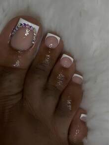 24pcs Glossy Short Square Press-On Toenails, White French Style Fake Toenails With Rhinestone Design, Full Coverage Pink Acrylic Toenails, Women Nail Art Supplies - White - View 1