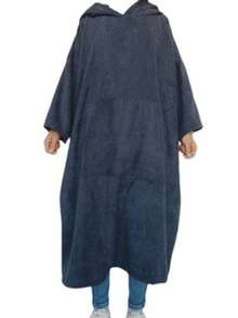 1pc Navy Blue Hooded Surf Poncho Towel, Quick Dry Beach Towel, Extra Large Adult Changing Robe With Pocket - Navy Blue - View 3