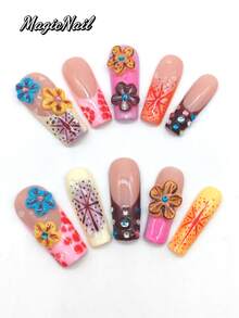10片纯手工压制美甲贴片，33毫米长棺材形，肤色、粉色、米色可选，饰有立体凸起的蓝黄花朵、水钻、波点和星光图案。春季美甲贴片，个性化美甲贴片。 - 彩色 - 查看 2