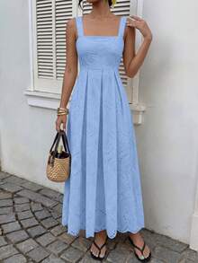 Womens Sleeveless Maxi Summer Dresses 2026 Hollow Out Eyelet Square Neck Ruffle Flowy Beach Vacation Sundress - Màu xanh nhạt - Xem 4