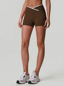 Shorts de Ioga de Cintura Alta com Blocos de Cor e Elevação Glútea para Mulheres, Shorts de Ciclista para Fitness, Corrida e Treino Esportivo Ativo - Café - Visão 7