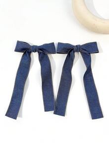 2 chiếc kẹp tóc nơ dễ thương bằng vải denim màu trơn dành cho nữ, phù hợp để sử dụng hàng ngày. - Màu xanh lam - Xem 3