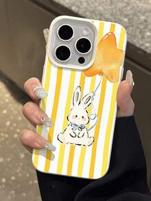 1个柔软可爱黄色条纹星星兔子图案荔枝纹理防摔防滑软手机壳，适用于苹果手机 - 彩色 - 查看 4