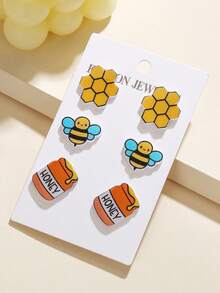 3件套可爱蜂巢蜜蜂亚克力耳环，Y2K清新风格耳环，适合春季野餐、日常佩戴，百搭饰品 - 彩色 - 查看 4