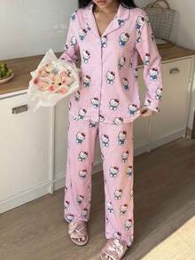 SANRIO 2pcs Women's Casual Striped Loungewear Set, Pajama Set - Pink - View 4
