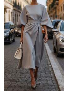 2026 Women S European American Fashion Elegant Solid Color Waist Cinching Bat Sleeve Long Dress Casual Party Work Office Dresses - 淺灰色 - 查看 12
