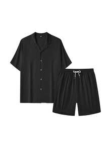 2 piezas Conjunto casual de hombre, camisa polo de manga corta de unicolor combinada con pantalones cortos de cintura elástica, adecuado para uso diario y vacaciones de verano - Negro - Ver 2