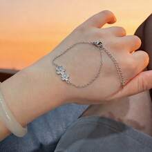 1pc S925 Silver Luxury Double Flower Design Bracelet With Sparkling Zirconia Stones, Elegant Women's Daily Wear Jewelry, Exquisite Gift For Loved Ones - Silver - View 7