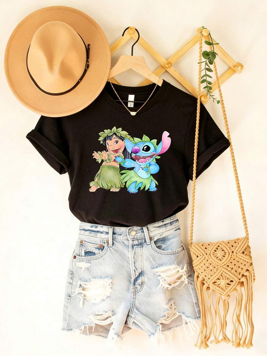 Disney Lightweight Breathable Cotton Women's Pullover Tee, Lilo & Stitch Hula Graphic Design, Tropical Vacation Casual Everyday Outfit, Summer TopCrafted From Soft, Comfortable, And Durable Pure Cotton Fabric, This Round-Neck T-Shirt Is An Ideal Choice For The Spring And Summer Seasons. Suitable For A Wide Range Of Occasions-Including Daily Wear, Shopping, Parties, Travel, And Social Gatherings-It Also Makes For An Exquisite Gift. - Black - View 1