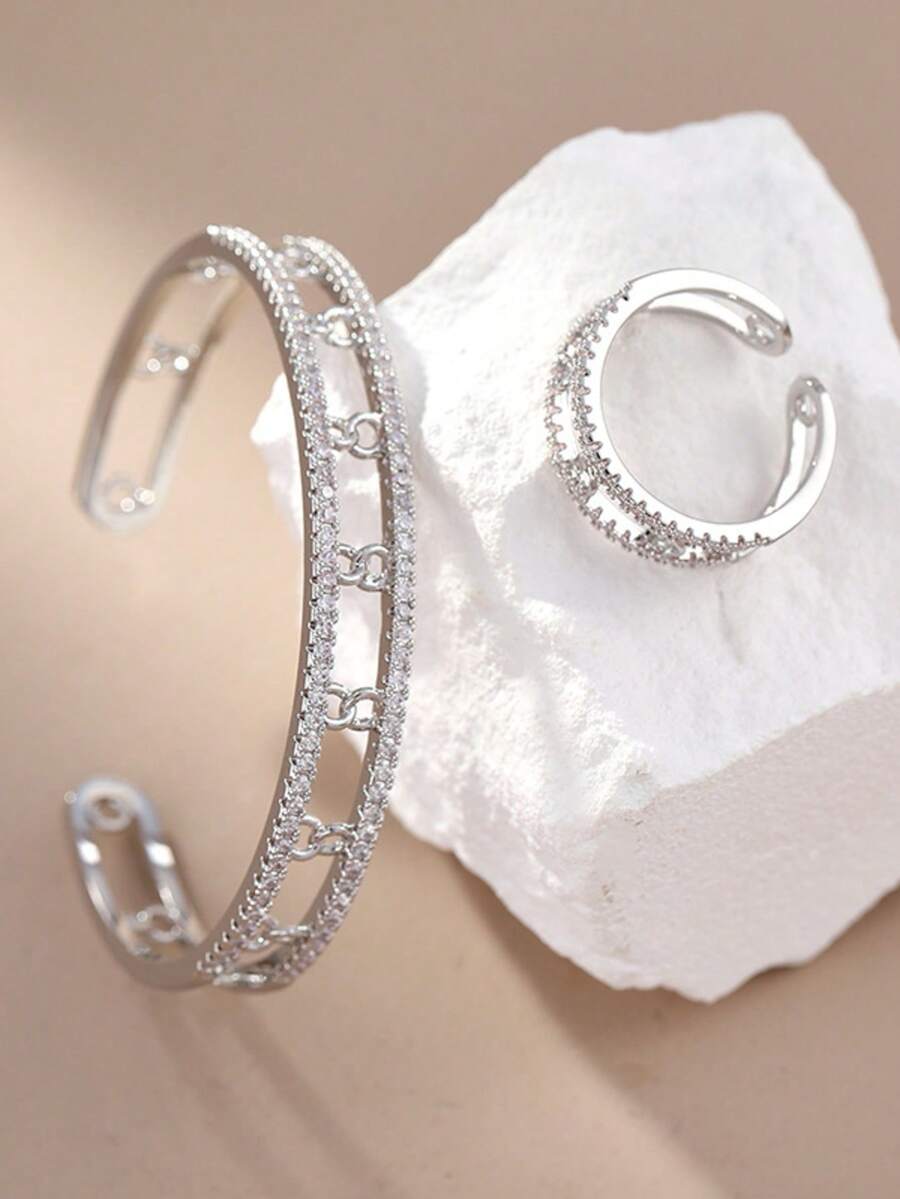2 Pieces New Women's Simple 8-Character Hollow Zirconia Fashion Bracelet Ring Set - Silver - View 1
