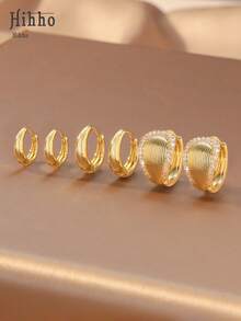 Hihho 6pcs Set Of Luxury Minimalist Hoop Earrings, Including Ombre Rhinestone, Plain, Heavy Rhinestone, And Striped Styles, Multiple Sizes Available, Clip-On Design For Easy Wear, Shining Gift For Girlfriend Or Best Friend - Gold - View 2