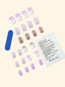 24pcs Press On Nails French Nails Y2k Purple Nails Medium Long Coffin Flash Gradient Rhinestones Reusable Press On Acrylic Nails Fake Nails Nails Supplies Free Of 24 Pieces Of Jelly Tabs And A Mini File - Mauve Purple - View 2